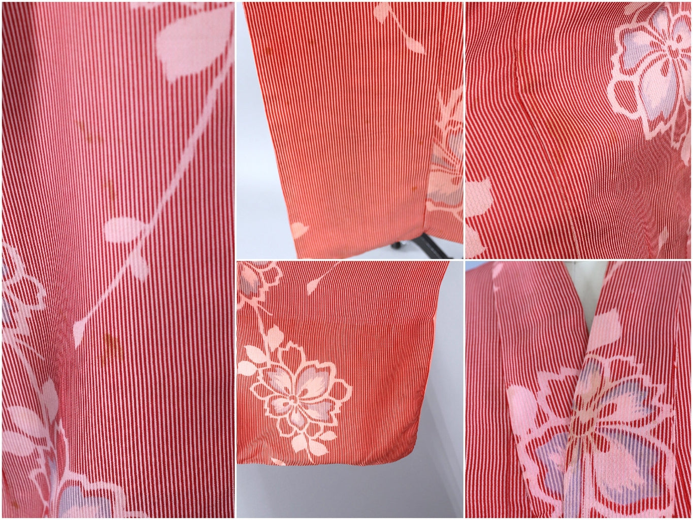 Vintage 1950s Kimono Robe / Red & Ivory Floral Stripes - ThisBlueBird