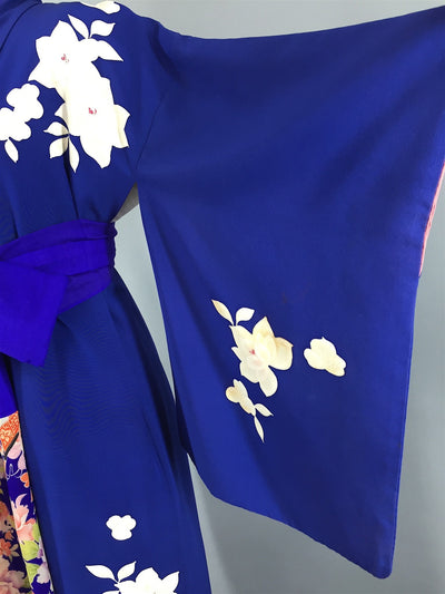 Vintage 1950s Kimono Robe / Royal Blue Floral Print - ThisBlueBird