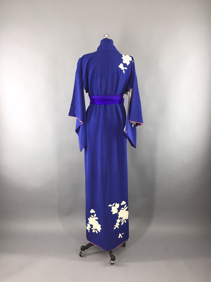 Vintage 1950s Kimono Robe / Royal Blue Floral Print - ThisBlueBird