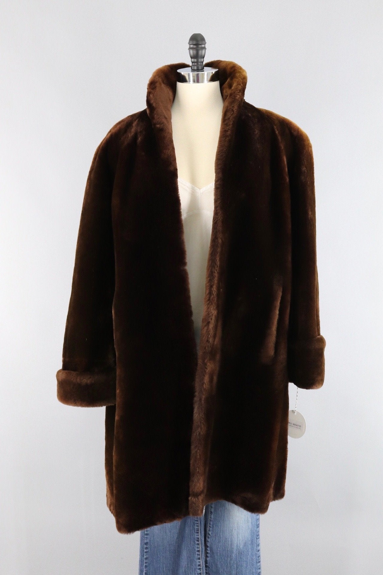 Vintage 1950s Long Brown Mouton Fur Swing Coat - ThisBlueBird