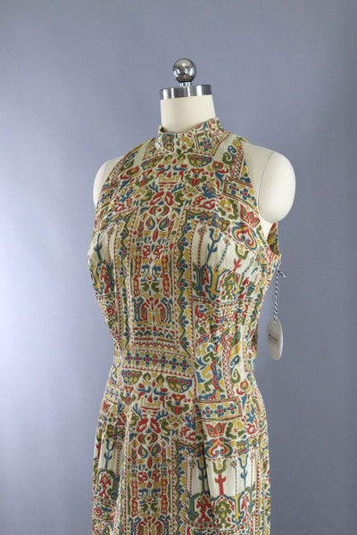 Vintage 1950s Mandarin Style Sheath Dress / Beige Earthtone Print - ThisBlueBird