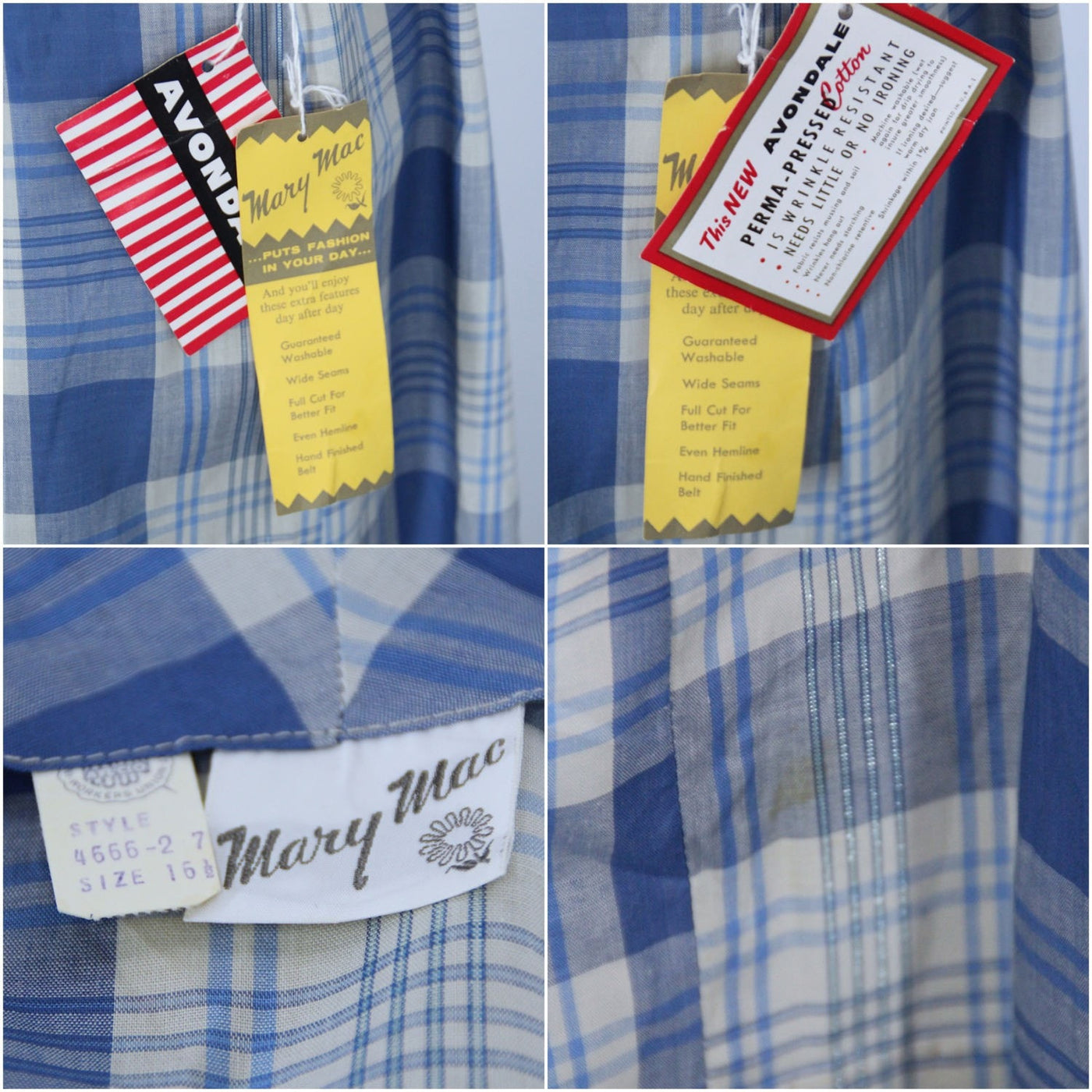 Vintage 1950s Mary Mac Day Dress / Blue & White Plaid Cotton / Deadstock with Tags - ThisBlueBird