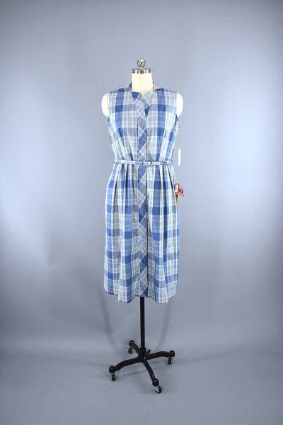 Vintage 1950s Mary Mac Day Dress / Blue & White Plaid Cotton / Deadstock with Tags - ThisBlueBird