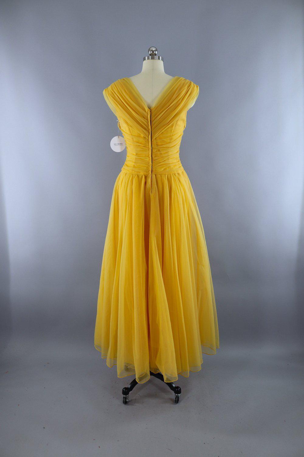 Vintage 1950s Mustard Yellow Gold Emma Domb Chiffon Party Dress - ThisBlueBird