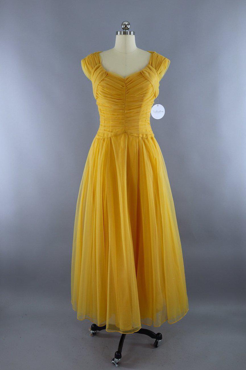Vintage 1950s Mustard Yellow Gold Emma Domb Chiffon Party Dress - ThisBlueBird