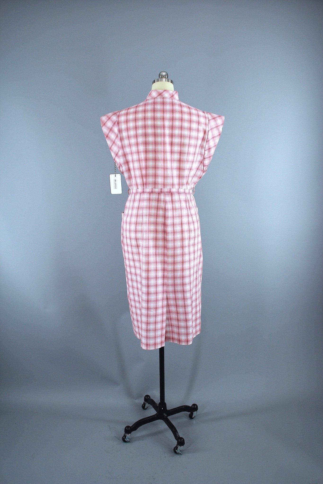 Vintage 1950s New Look Day Dress / Pink & White Checkerboard Plaid Cotton - ThisBlueBird
