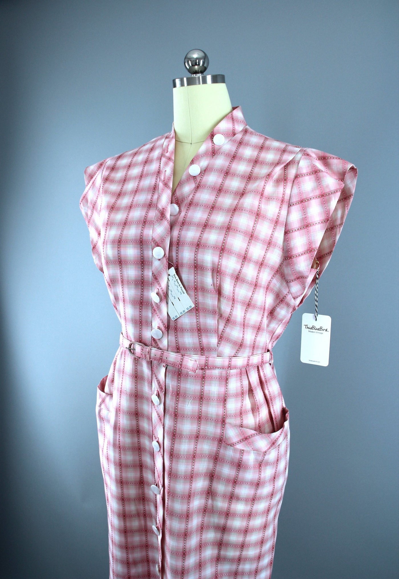 Vintage 1950s New Look Day Dress / Pink & White Checkerboard Plaid Cotton - ThisBlueBird
