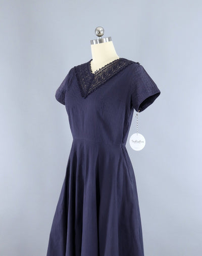 Vintage 1950s New Look Dress / Navy Blue Cotton - ThisBlueBird