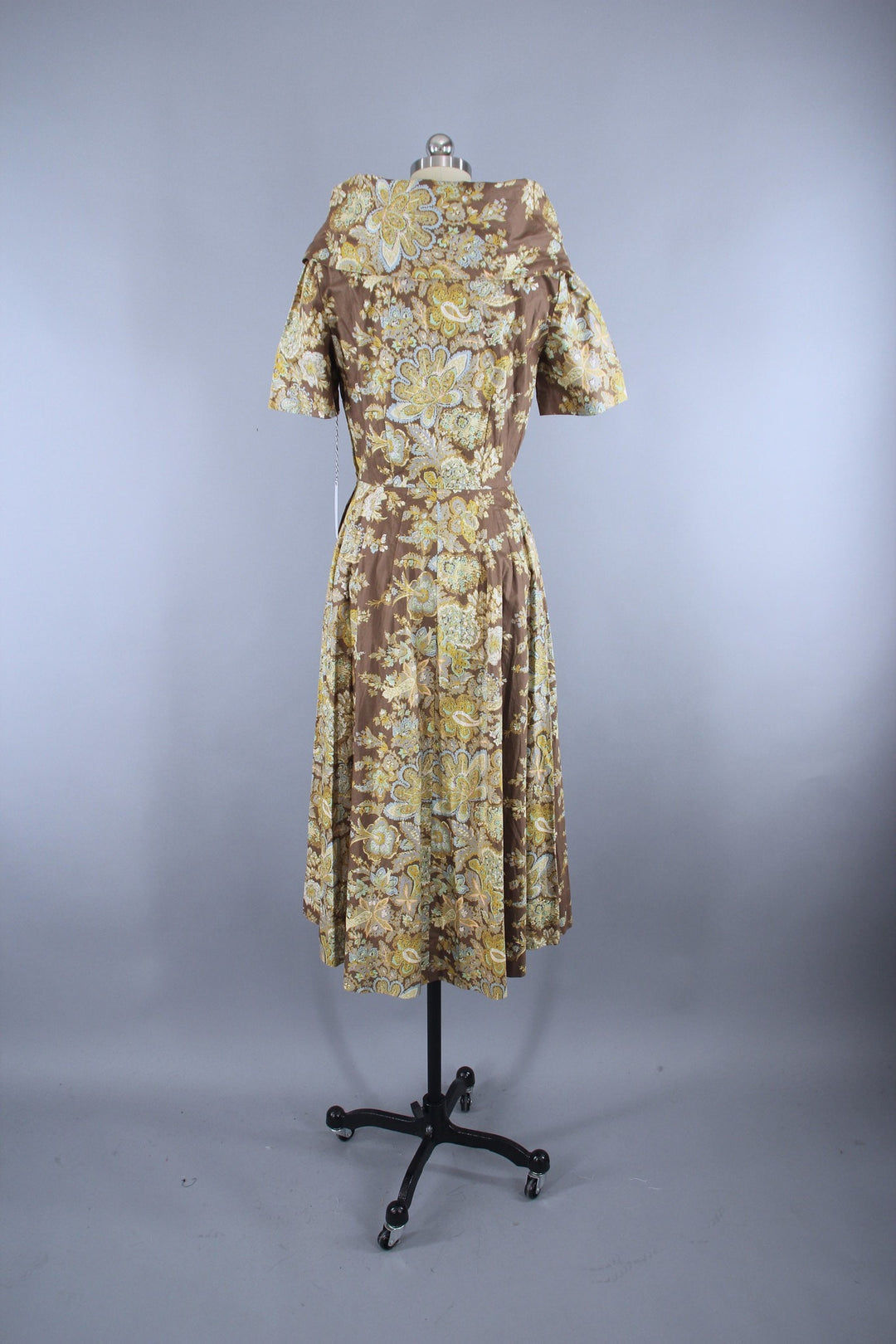 Vintage 1950s New Look Garden Party Dress in Brown &amp; Blue Floral Print - ThisBlueBird