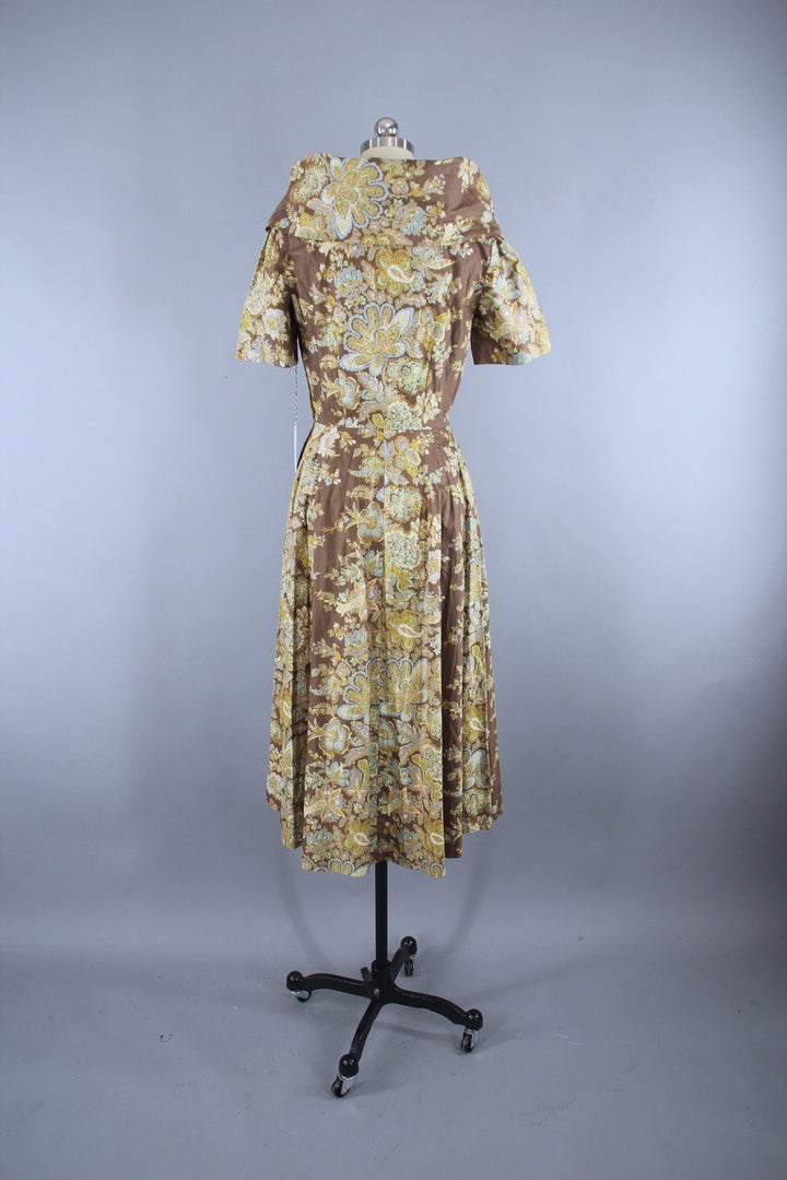 Vintage 1950s New Look Garden Party Dress in Brown &amp; Blue Floral Print - ThisBlueBird
