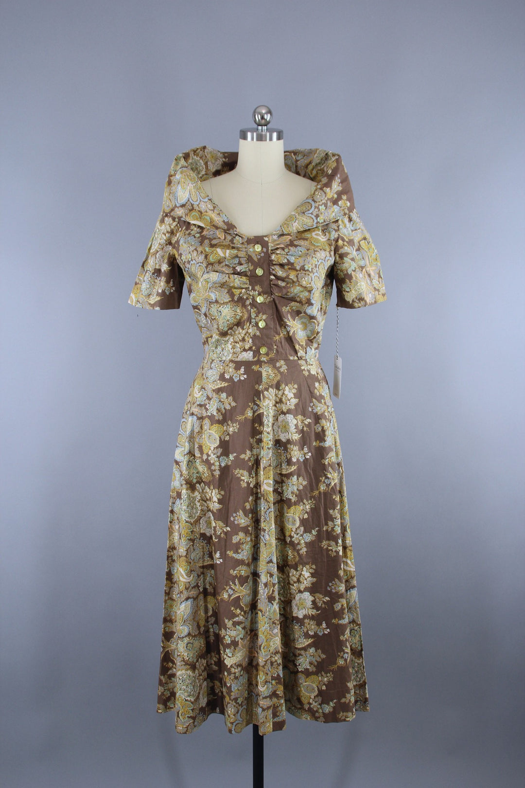 Vintage 1950s New Look Garden Party Dress in Brown &amp; Blue Floral Print - ThisBlueBird