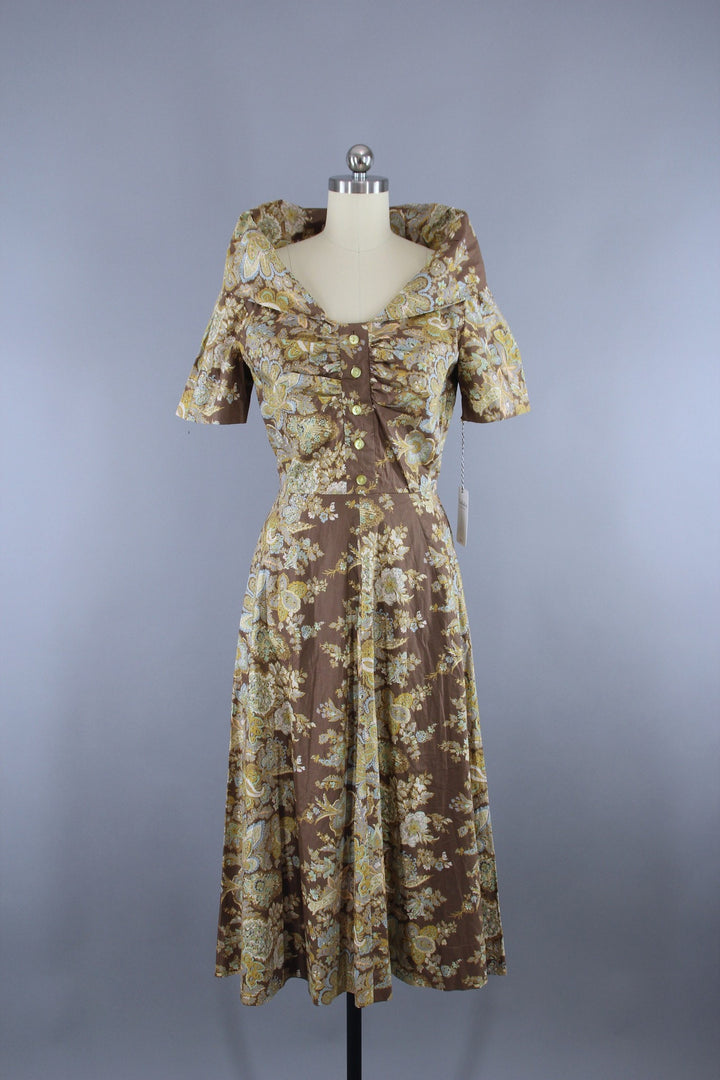 Vintage 1950s New Look Garden Party Dress in Brown &amp; Blue Floral Print - ThisBlueBird