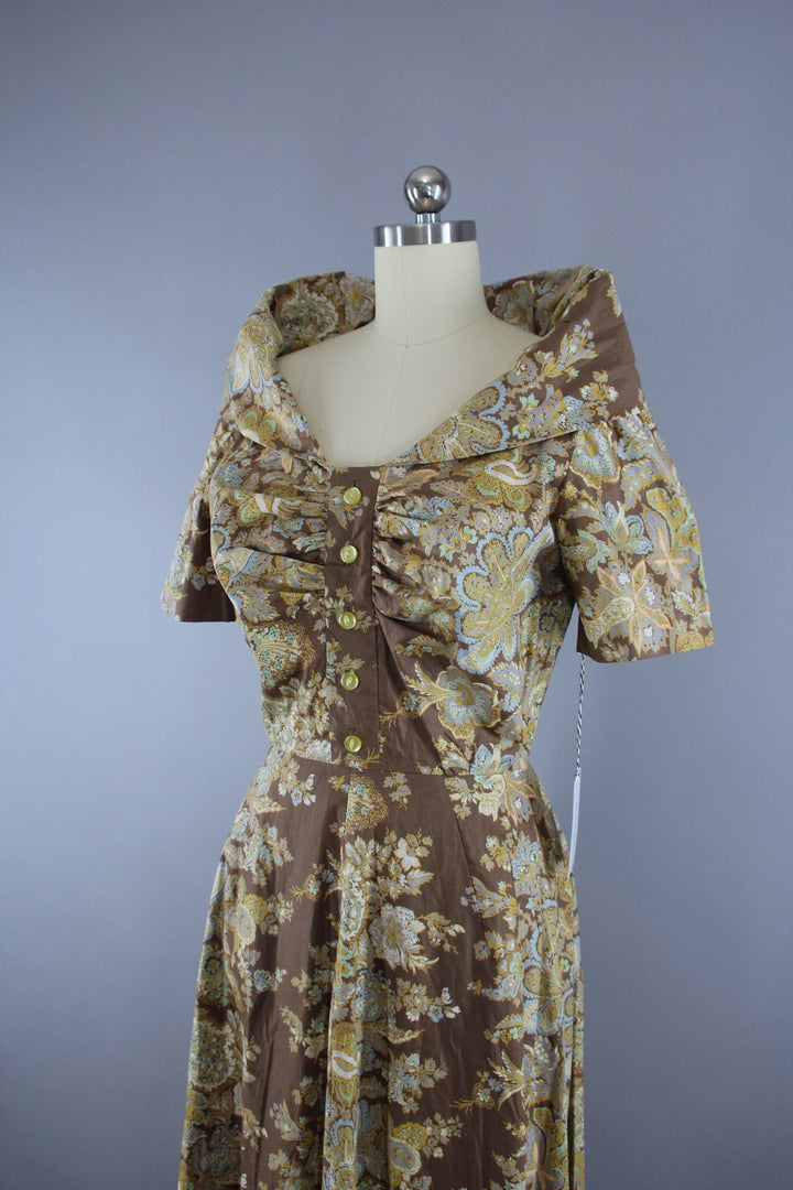 Vintage 1950s New Look Garden Party Dress in Brown &amp; Blue Floral Print - ThisBlueBird