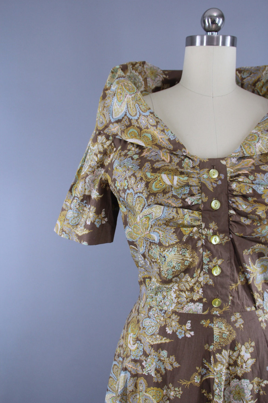 Vintage 1950s New Look Garden Party Dress in Brown &amp; Blue Floral Print - ThisBlueBird