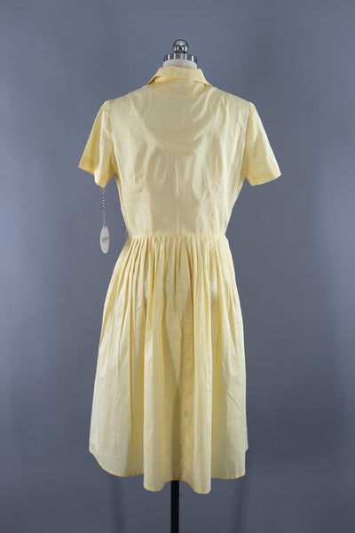 Vintage 1950s Pastel Yellow Embroidered Cotton Day Dress - ThisBlueBird
