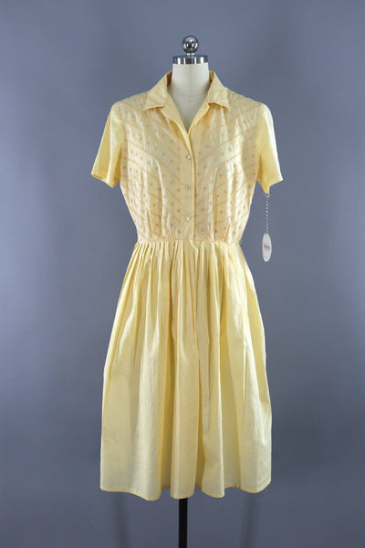 Vintage 1950s Pastel Yellow Embroidered Cotton Day Dress - ThisBlueBird