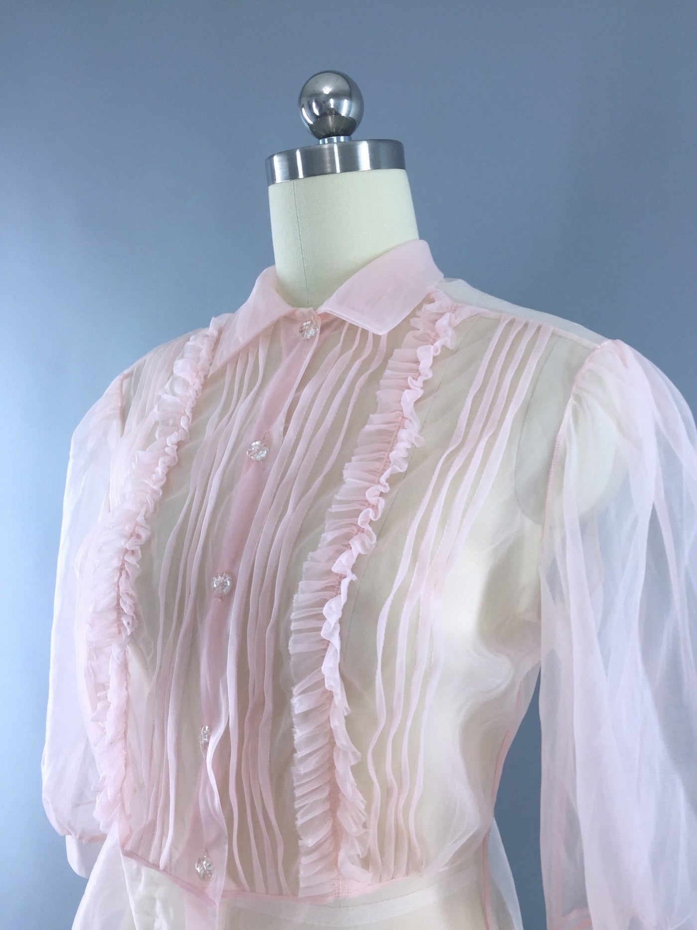 Vintage 1950s Peplum Blouse / Pastel Pink Sheer Nylon - ThisBlueBird