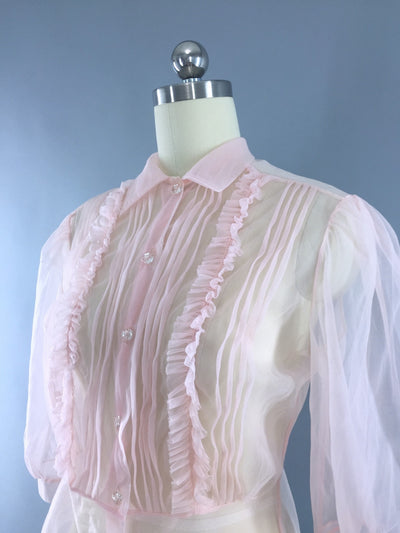 Vintage 1950s Peplum Blouse / Pastel Pink Sheer Nylon - ThisBlueBird