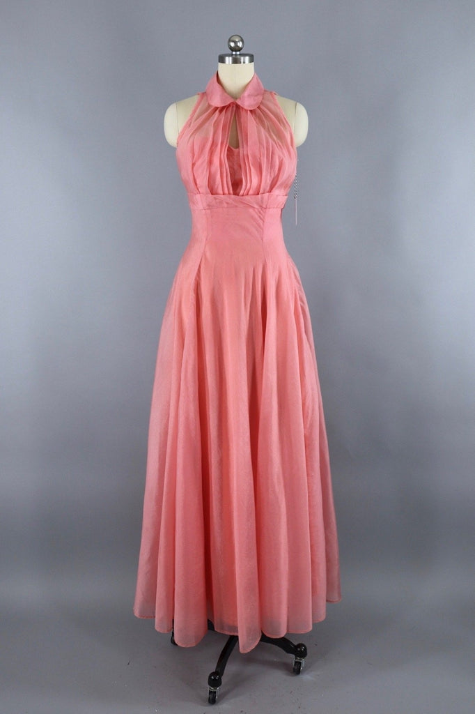 Vintage 1950s Pink Chiffon Dress Evening Gown with Cropped Jacket - ThisBlueBird