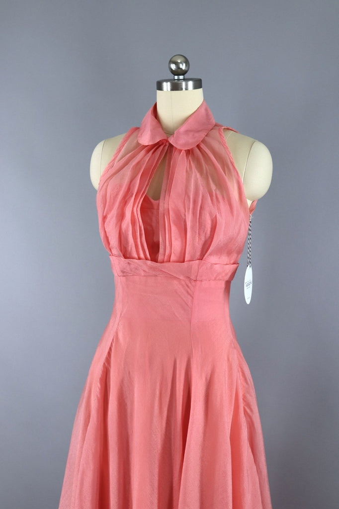 Vintage 1950s Pink Chiffon Dress Evening Gown with Cropped Jacket - ThisBlueBird