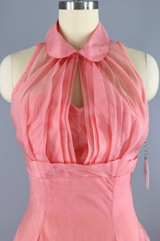 Vintage 1950s Pink Chiffon Dress Evening Gown with Cropped Jacket - ThisBlueBird