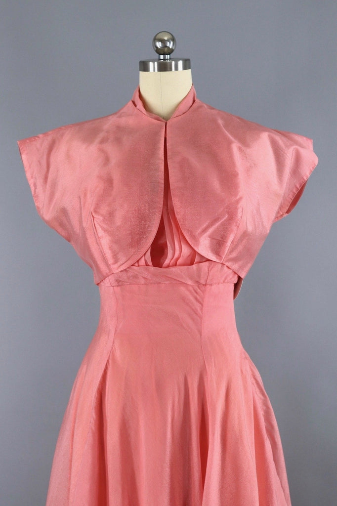 Vintage 1950s Pink Chiffon Dress Evening Gown with Cropped Jacket - ThisBlueBird