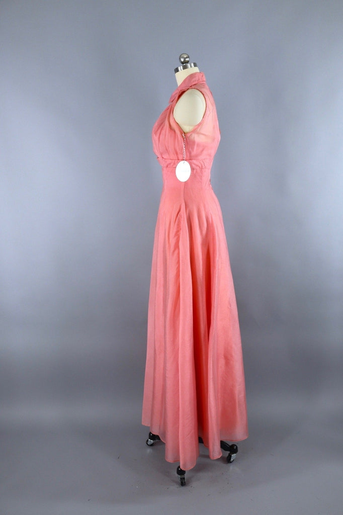 Vintage 1950s Pink Chiffon Dress Evening Gown with Cropped Jacket - ThisBlueBird