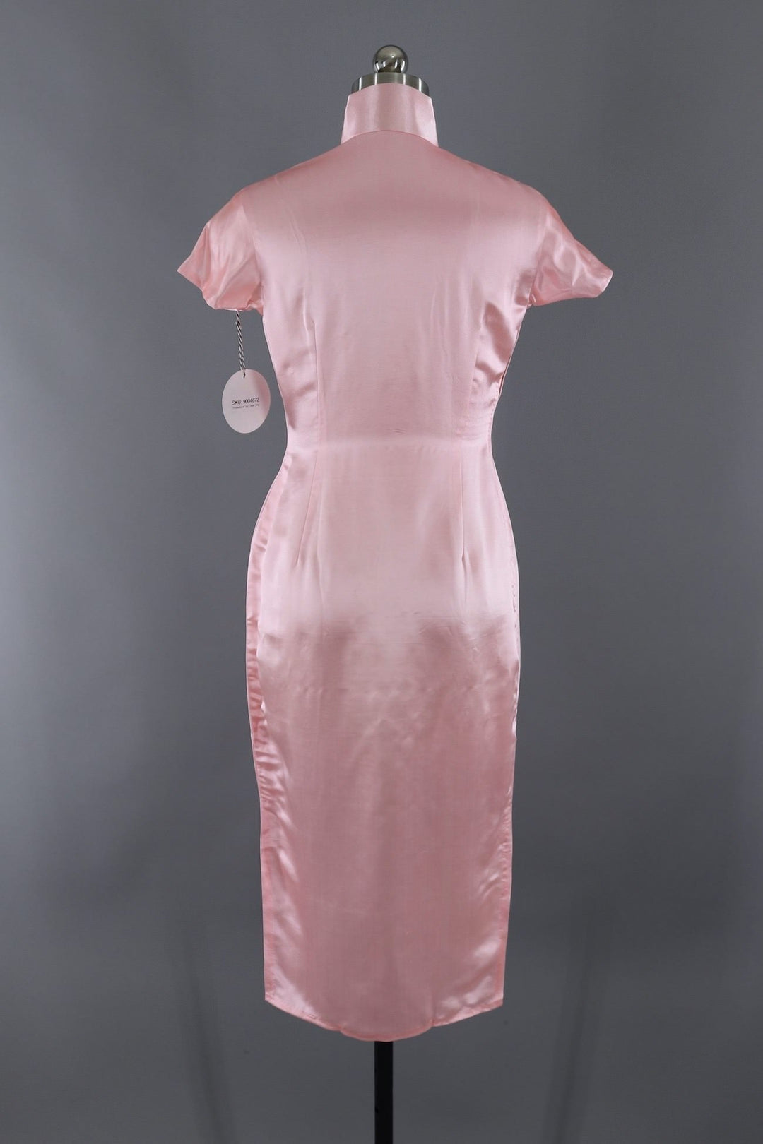Vintage 1950s Pink Silk Satin Embroidered Qi Pao Mandarin Dress 