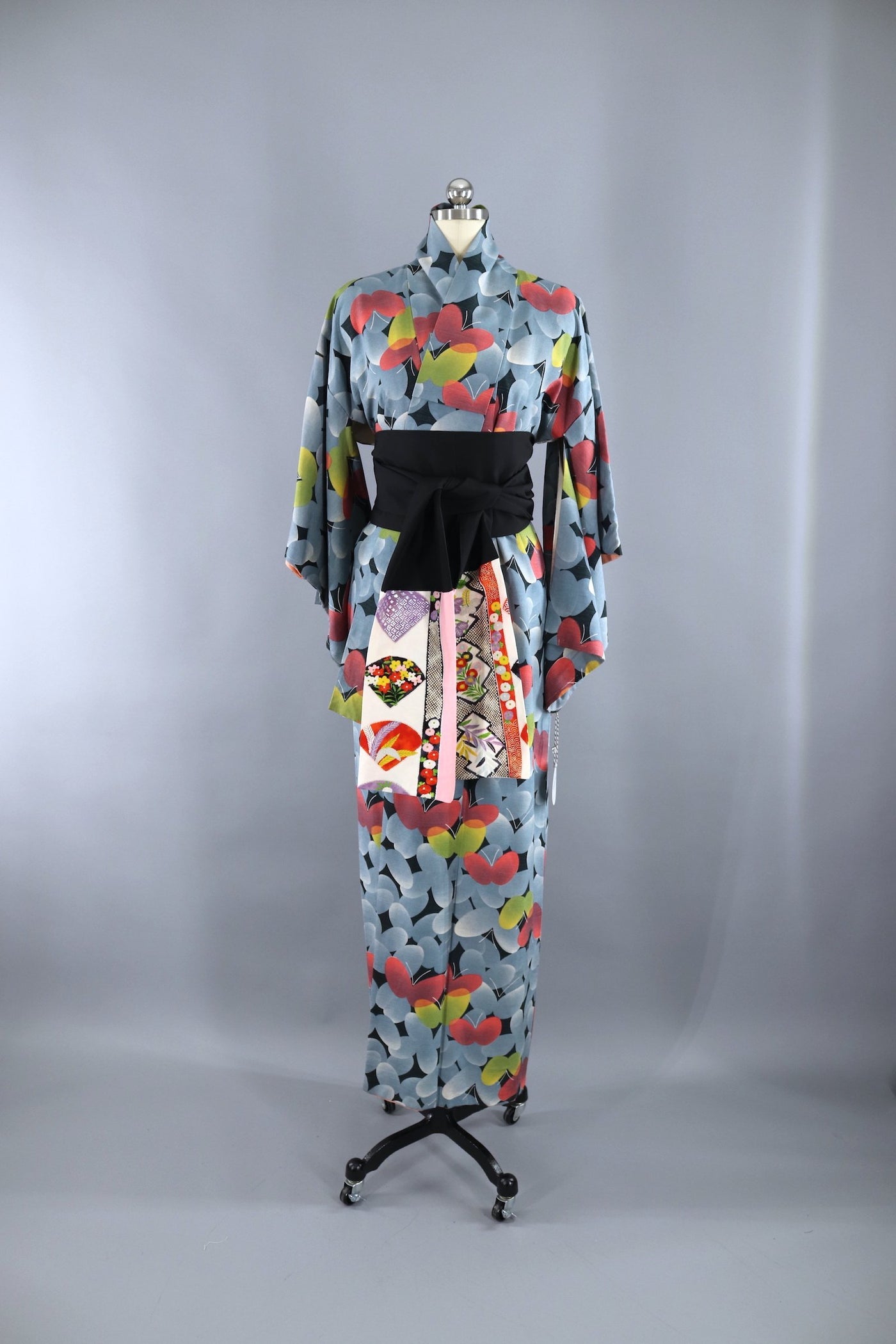 Vintage 1950s Raw Silk Kimono Robe / Blue Butterflies - ThisBlueBird