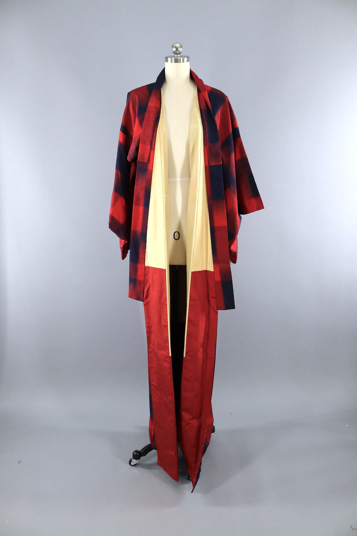Vintage 1950s Raw Silk Kimono Robe / Navy Blue &amp; Red Plaid - ThisBlueBird