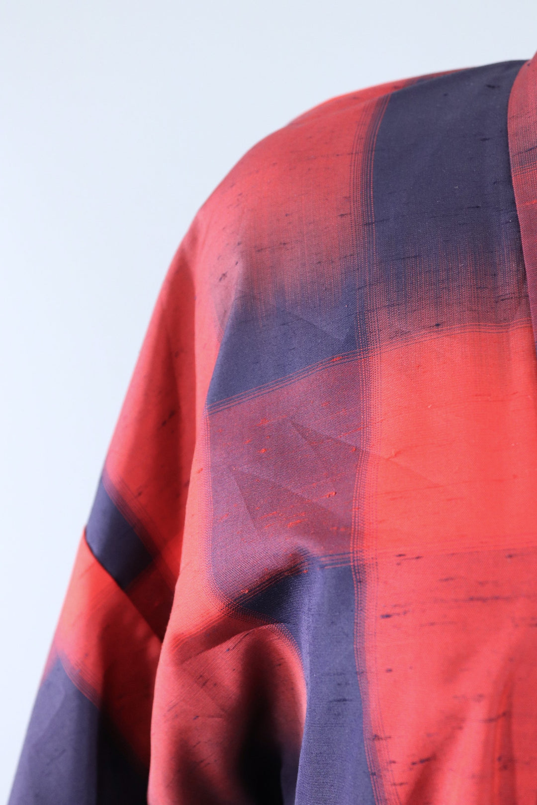 Vintage 1950s Raw Silk Kimono Robe / Navy Blue &amp; Red Plaid - ThisBlueBird