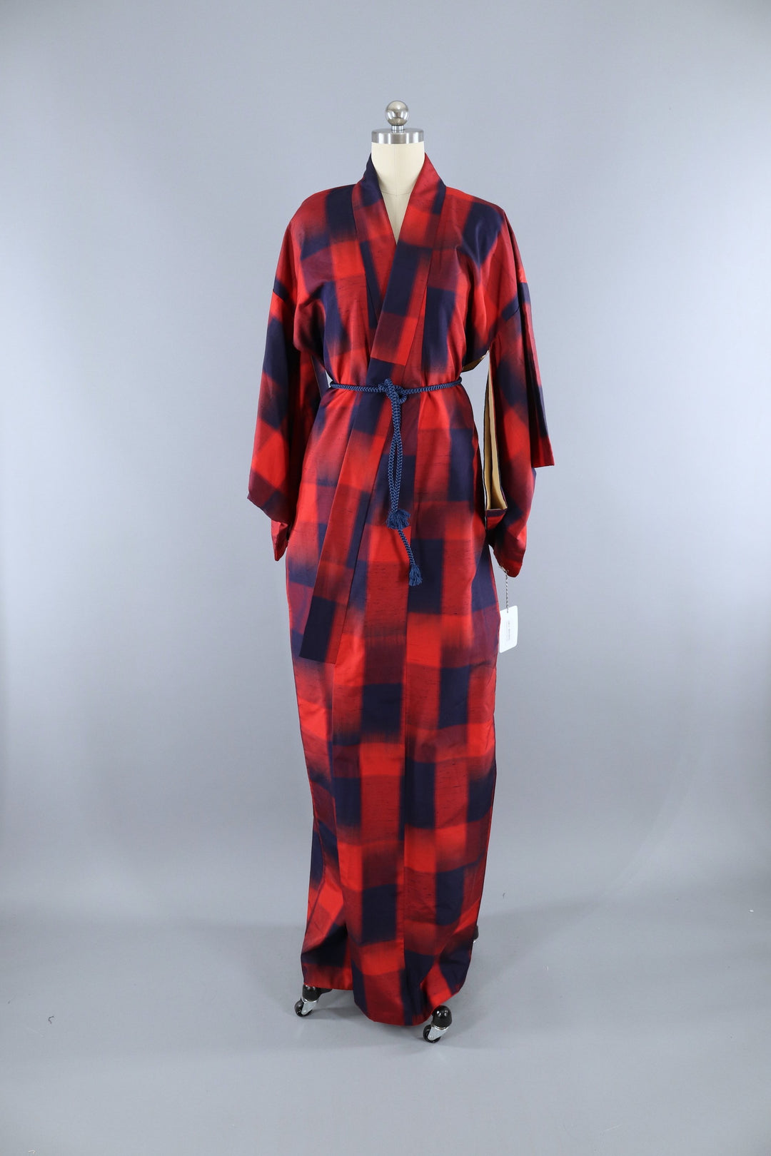 Vintage 1950s Raw Silk Kimono Robe / Navy Blue &amp; Red Plaid - ThisBlueBird