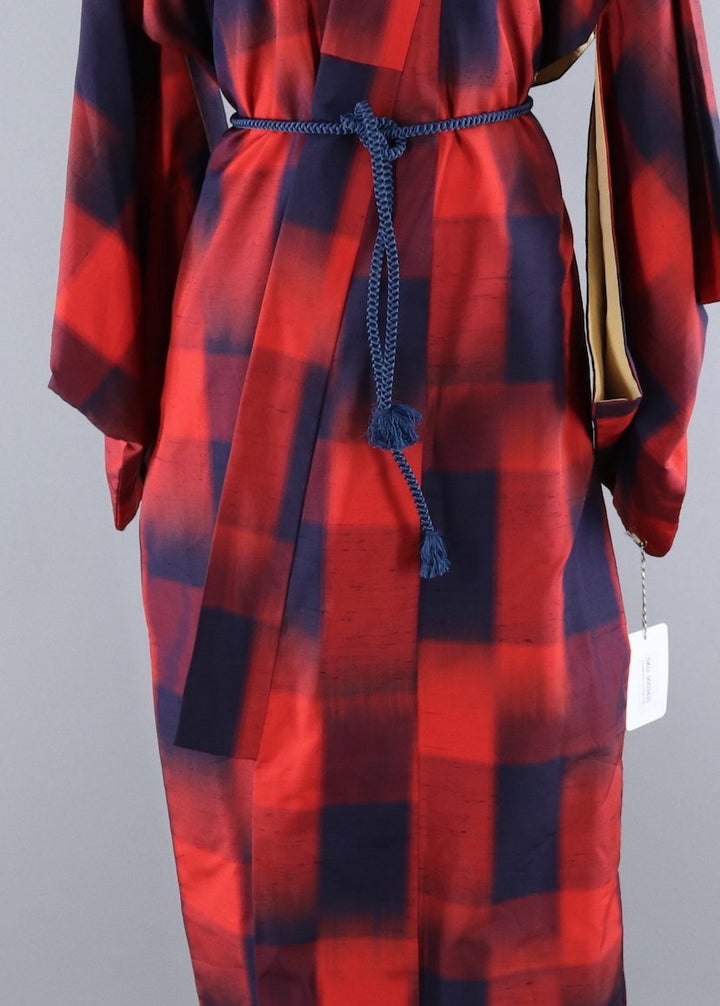 Vintage 1950s Raw Silk Kimono Robe / Navy Blue &amp; Red Plaid - ThisBlueBird