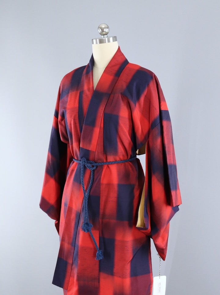Vintage 1950s Raw Silk Kimono Robe / Navy Blue &amp; Red Plaid - ThisBlueBird