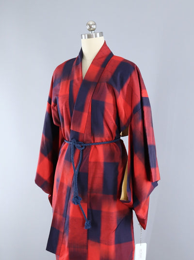 Vintage 1950s Raw Silk Kimono Robe / Navy Blue & Red Plaid - ThisBlueBird