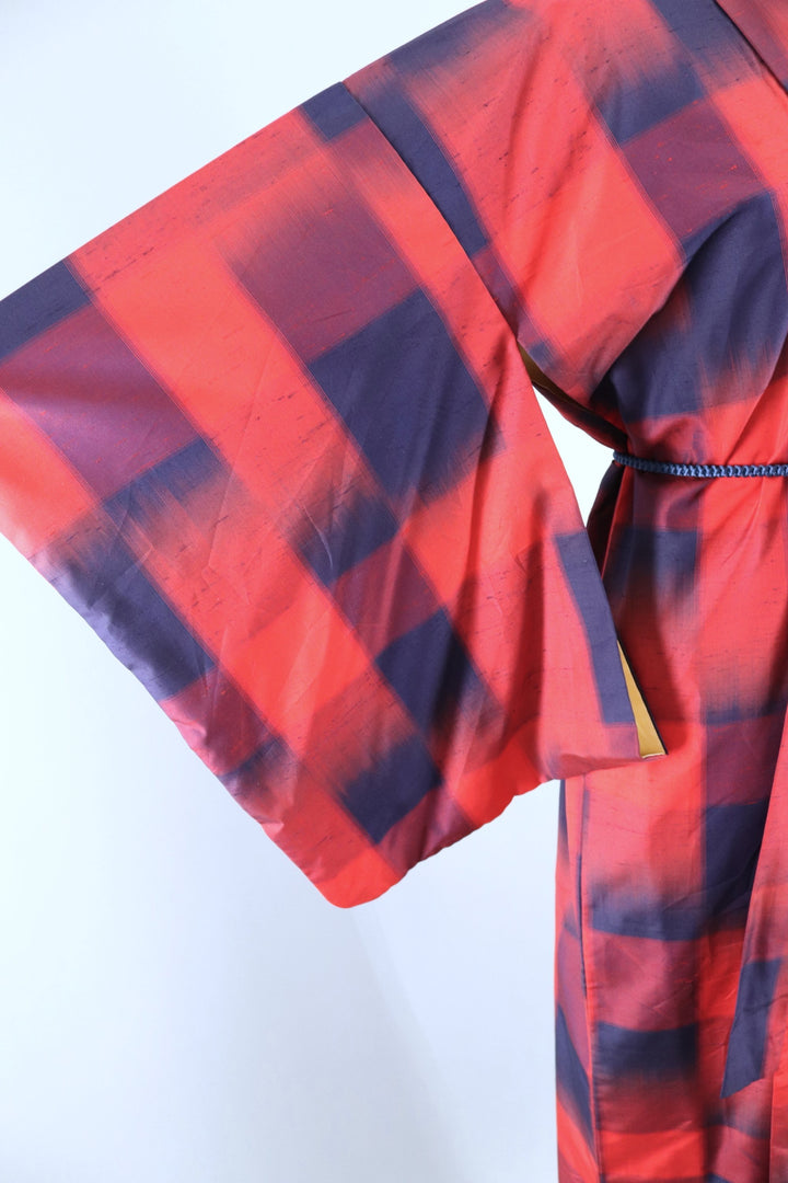 Vintage 1950s Raw Silk Kimono Robe / Navy Blue &amp; Red Plaid - ThisBlueBird