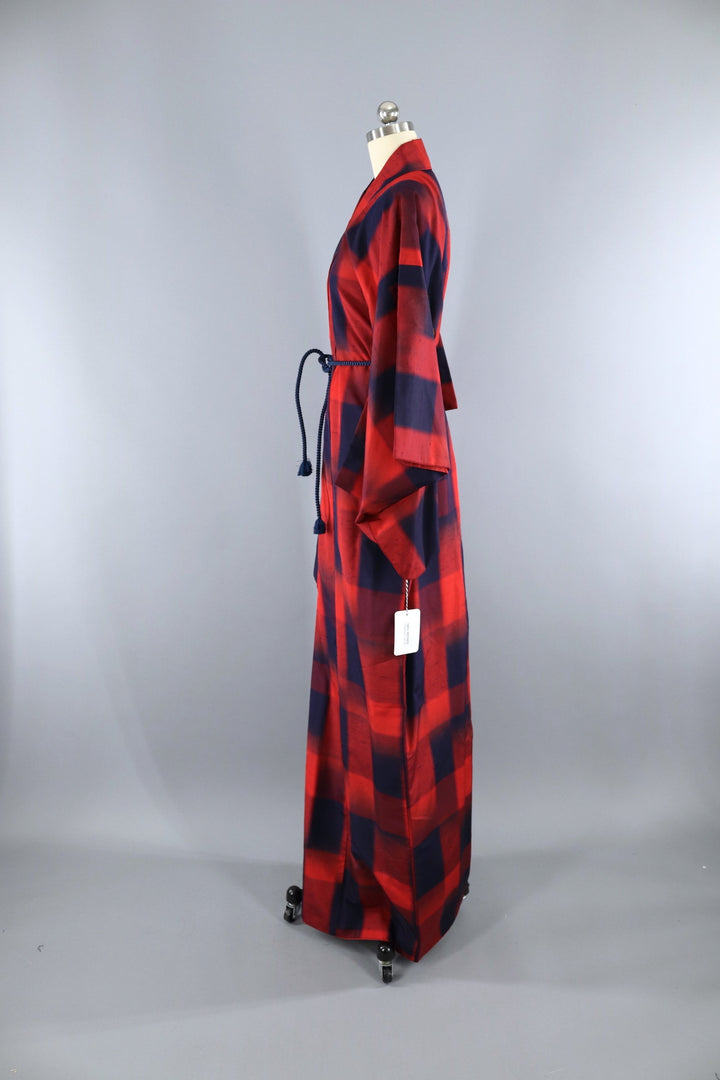 Vintage 1950s Raw Silk Kimono Robe / Navy Blue &amp; Red Plaid - ThisBlueBird