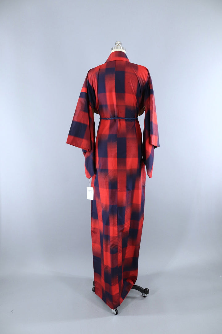Vintage 1950s Raw Silk Kimono Robe / Navy Blue &amp; Red Plaid - ThisBlueBird