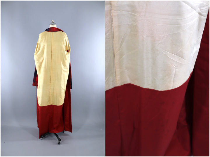 Vintage 1950s Raw Silk Kimono Robe / Navy Blue &amp; Red Plaid - ThisBlueBird