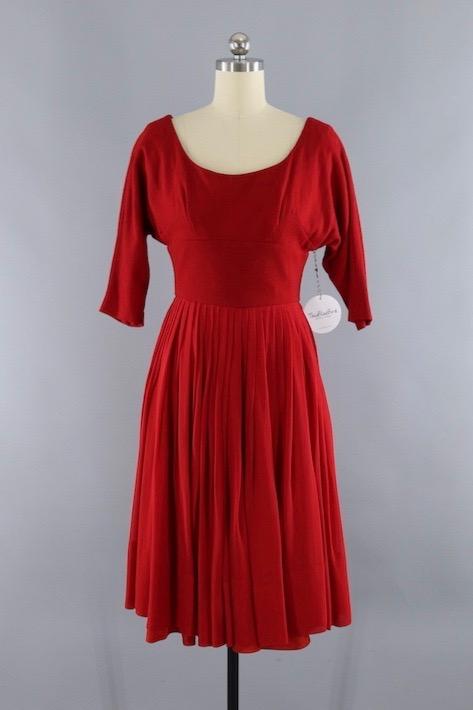 Vintage 1950s Red Wool Chiffon Party Dress - ThisBlueBird