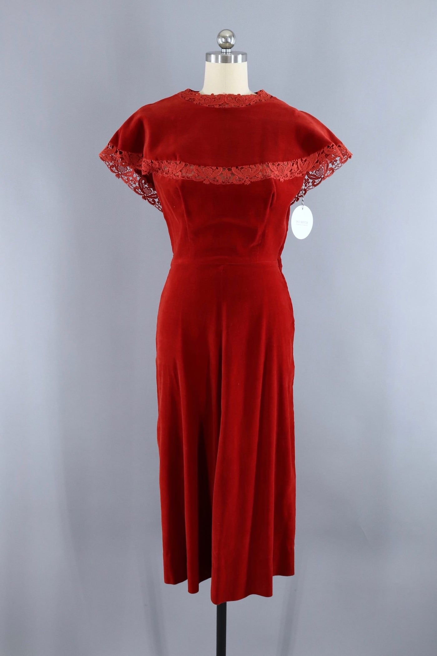 Vintage 1950s Rust Red Velvet & Lace Dress - ThisBlueBird