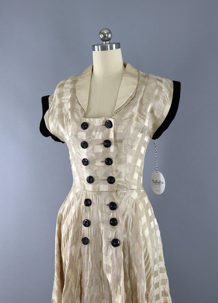 Vintage 1950s Satin Dress / Ivory & Black Velvet Trim - ThisBlueBird