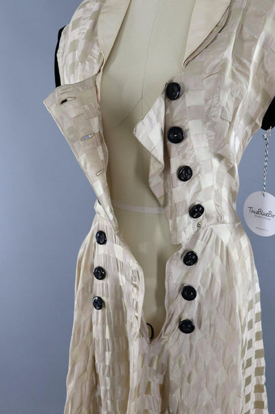 Vintage 1950s Satin Dress / Ivory & Black Velvet Trim - ThisBlueBird