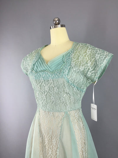 Vintage 1950s Sea Foam Green Chiffon Lace Dress - ThisBlueBird