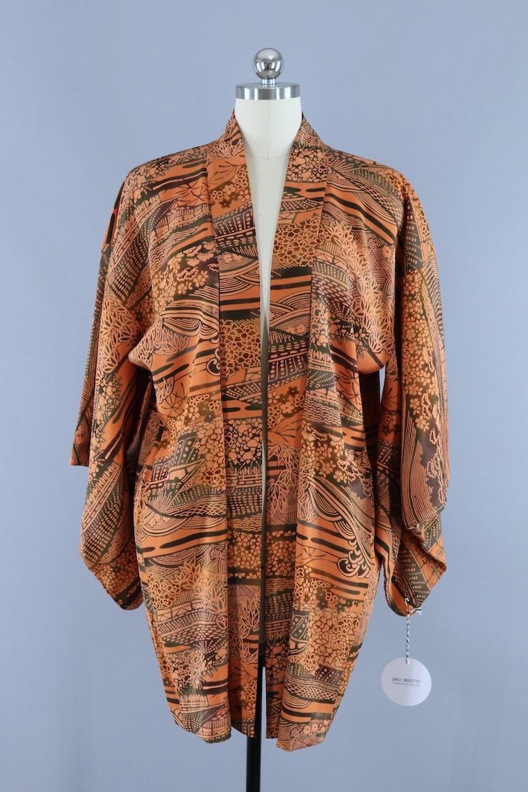Vintage 1950s Silk Haori Kimono Cardigan Jacket / Orange & Black - ThisBlueBird