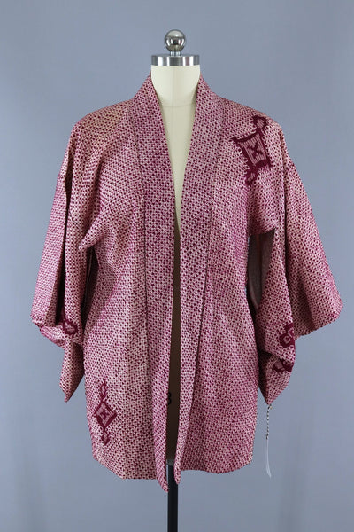 Vintage 1950s Silk Haori Kimono Cardigan Jacket / Purple & Ivory Shibori - ThisBlueBird