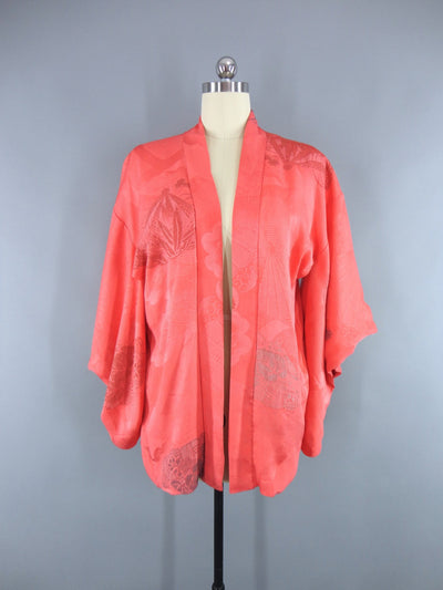 Vintage 1950s Silk Haori Kimono Jacket Cardigan with Coral Pink Floral Embroidery - ThisBlueBird
