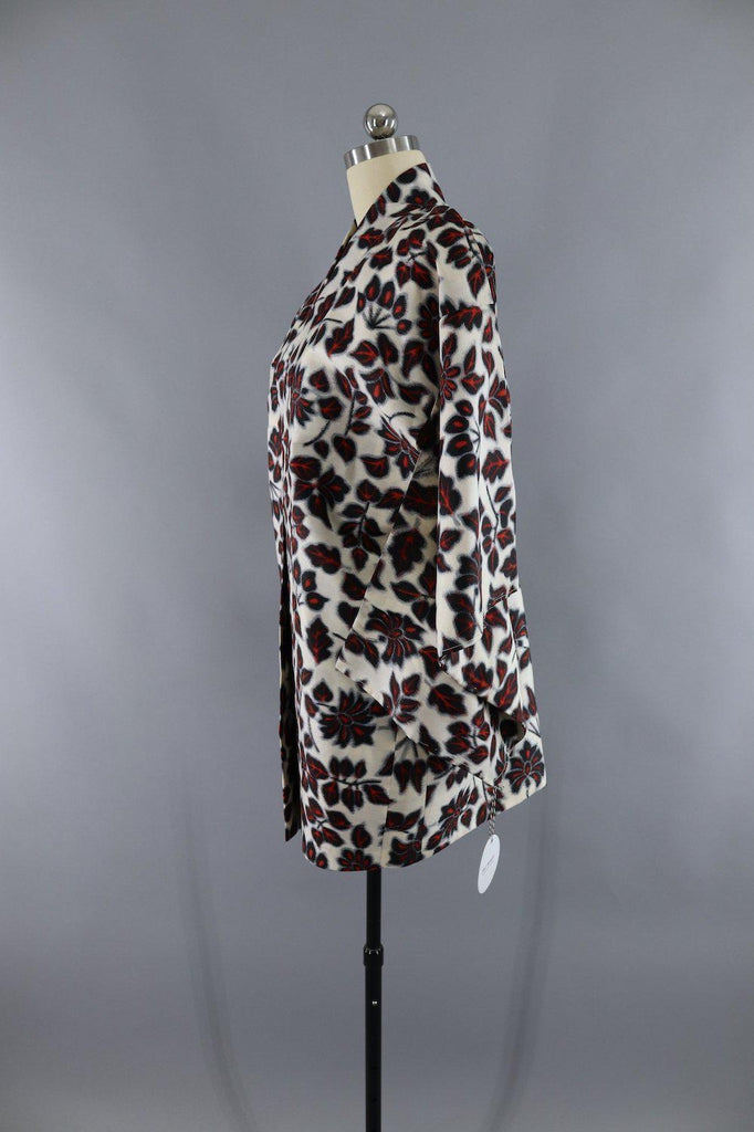 Vintage 1950s Silk Kimono Cardigan Jacket / White and Black Leaves / Ikat - ThisBlueBird