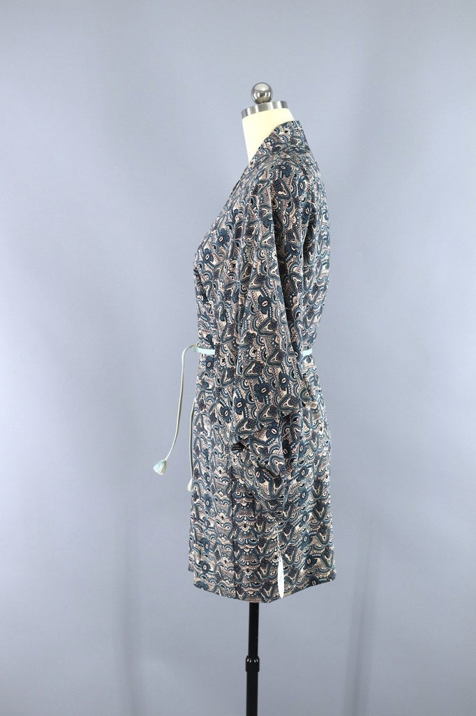 Vintage Silk Kimono Cardigan Jacket - Blue and Black Print - ThisBlueBird