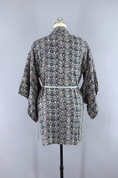 Vintage Silk Kimono Cardigan Jacket - Blue and Black Print - ThisBlueBird